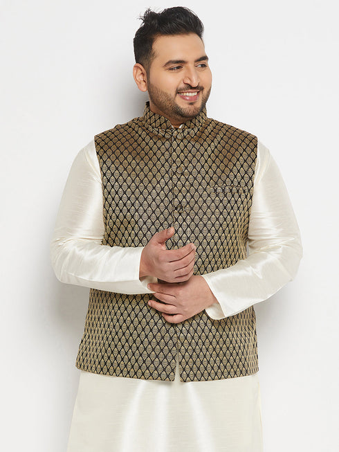 Vastramay Men's Plus Size Black and Gold Jacquard Nehru Jacket